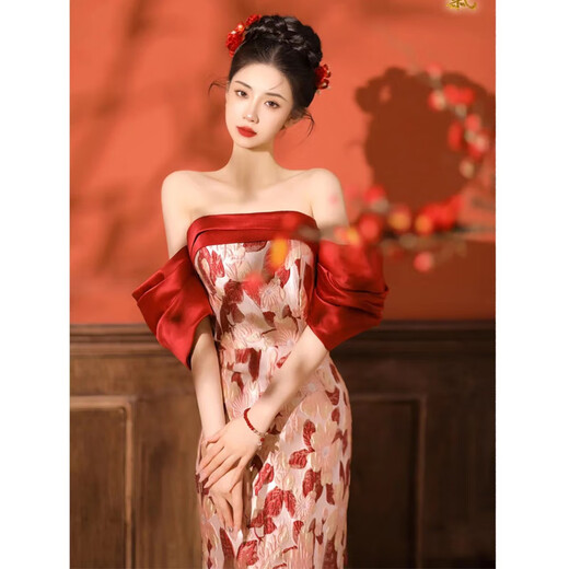 Fu Ling New Chinese Dressing Robe Bridal Luxurious Photography Chinese Engagement Toast Wear One Shoulder Fishtail Wedding Back Door Wear Banquet Burgundy M