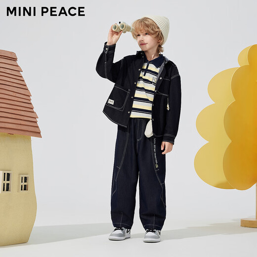 MiniPeace counter same style PEACEBIRD children's clothing boys' hooded jacket imitation denim shirt spring and autumn style denim dark blue 110