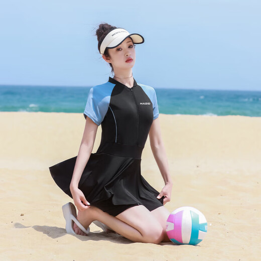 Hot spring swimsuit women's high-end color blocking sports swimsuit body dress style flesh covering to make it look slimming conservative swimsuit wholesale 6187 black gray M L-suggested 155-164c