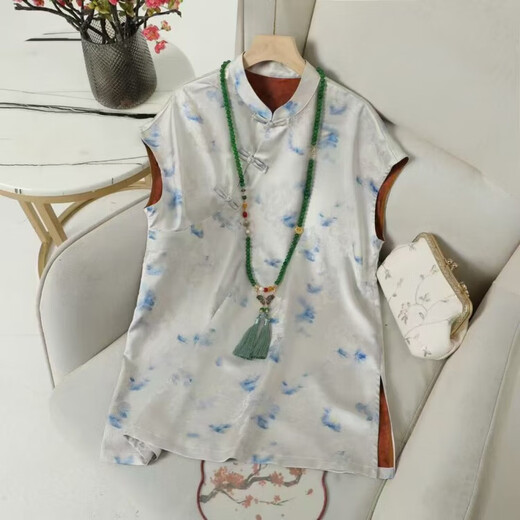 
New Chinese style retro jacquard cheongsam collar top for women in summer 2025 new light luxury temperament button top 9896-2 L 115-125Jin [Jin equals 0.5 kg]