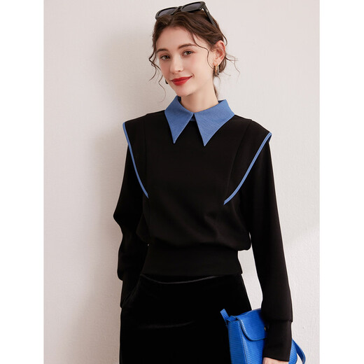 Bailuyu Contrast Color Splicing Fake Two-piece Sweatshirt Autumn New Fashion Pullover Small Flying Sleeves Top for Women Black XL