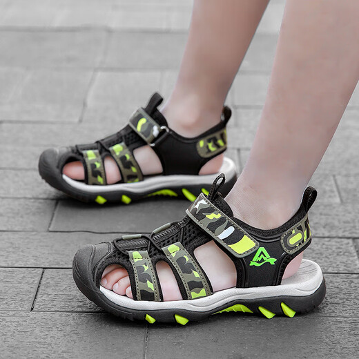 Children's Shoes Beach Shoes Boys Boys Sandals 2025 Summer Baotou Soft Sole Medium and Large Children's Students Children's Outdoor Sandals 333 Military Green Sandals 30