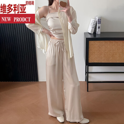 维多利亚的格调巨好看的夏日套装女2025新款小众不撞款吊带开衫阔腿裤三件套 香槟色衬衫+吊带+裤子 S