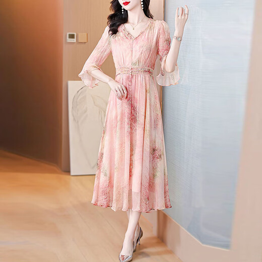 OLJ High-End-Marke Kleid für Frauen 2025 Sommer Neues Blumenchiffon High-End-Temperament schlanker Pendlerrock Rosa 2xl 125-135jin [Jin gleich 0,5 kg]