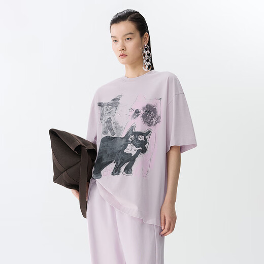 
Jiangnan Buyi (JNBY) [same style in the mall] 25 Spring New T-shirt for Women's Fun Cat Print Loose Round Neck Middle Sleeve 5P2112550 671/Gray Powder S