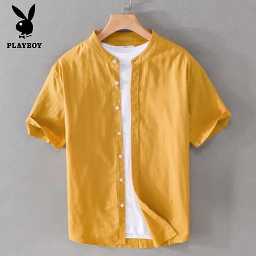Playboy (PLAYBOY) 2025 Spring and Autumn Pure Cotton Striped Shirt Men's Summer Long-Sleeved Shirt Loose Casual Jacket for Boys 305D Yellow Henry Collar Short I-Sleeve L 120-135Jin Jin is equal to 0.5 kg