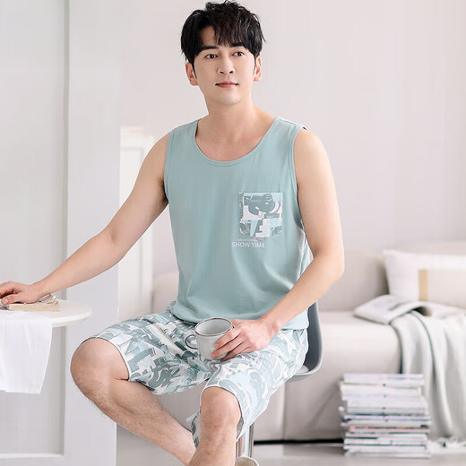 Aimu Meigui Pyjamas Herren Sommer Dünner ärmellose Shorts Heimkleidung für das einfache lässige Outfit für Männer M1048 Hellgrün M [Vorgeschlagen 100-120jin [Jin ist 0,5 kg]]