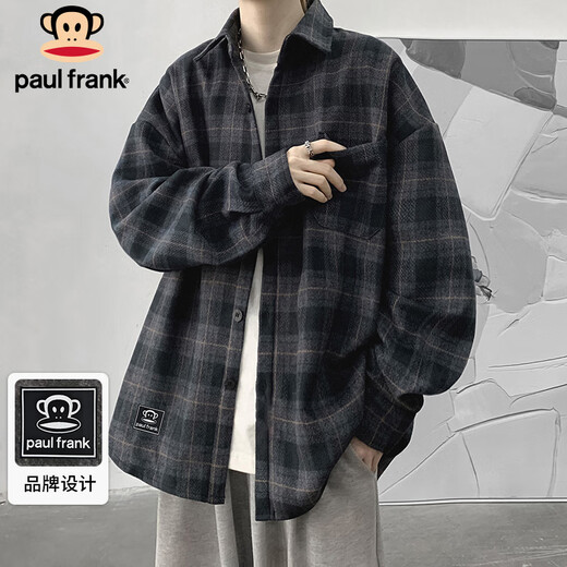 大嘴猴（paul frank）长袖衬衫男士春秋季日系休闲格子衬衣男潮牌外套男装 深灰色 2XL