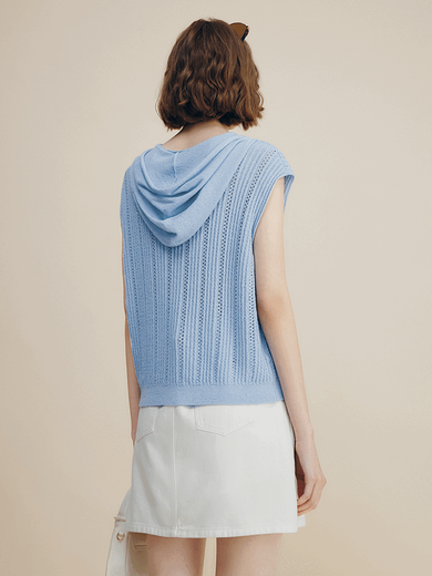 Famanxuan (Famanxuan) Blue Sweater de chaleco sin mangas con capucha para mujeres 2025 Summer Nueva pieza de perlas en plurillo Hollow Top Top Night Star Palabra todo tamaños