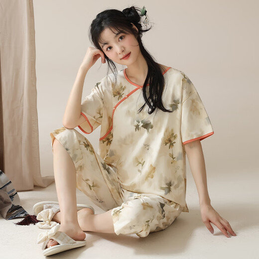 Yalu Women's Short Sleeve Pajama Set Summer New Chinese Style Cotton Home Cropped Pants Thin Summer Can Be Wear Outdoor LZY9902 M Code Recommended 75-95Jin [Jin equals 0.5 kg]