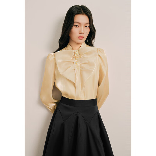 OBBLIGATO Olivia spring heart-shaped bow tie pleated beaded yarn top light gold S