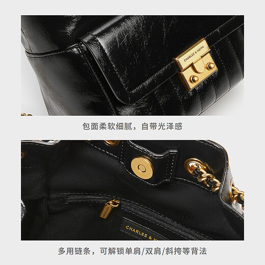 CinvaiKrose时尚通勤多用链条褶皱双肩包CK2-60271530 Black黑色 M