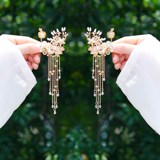 Bang silk headdress, ancient style Hanfu headdress, fairy girl's tassel hairpin, full set of ancient costume step rocker comb side clip set for women, drunk gold hairpin hair accessory set-ear clip and ear hook style