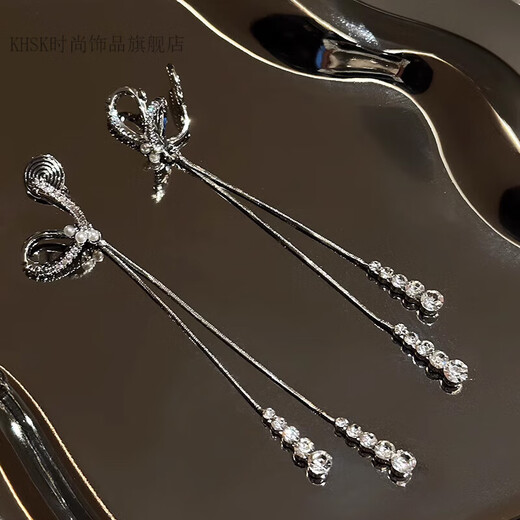 KHSK Old Phoenix 999 sterling silver bow tassel earrings ear clip earrings new temperament long style bow tassel earrings pair (with pierced ears)