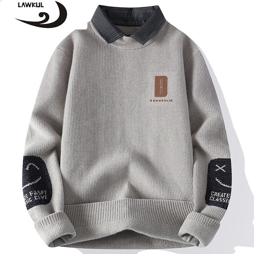 浪古 LAWKUL毛衣冬款男新款加厚秋冬季保暖衣服非羊潮毛衫衬衫领打底衫针织衫 带领M9901米白色 M