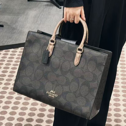 蔻驰（COACH）女包 Maggie 老花帆布托特包斜挎包 送女友七夕礼物 黑色CY677-IMXI8（大号） 尺寸咨询客服