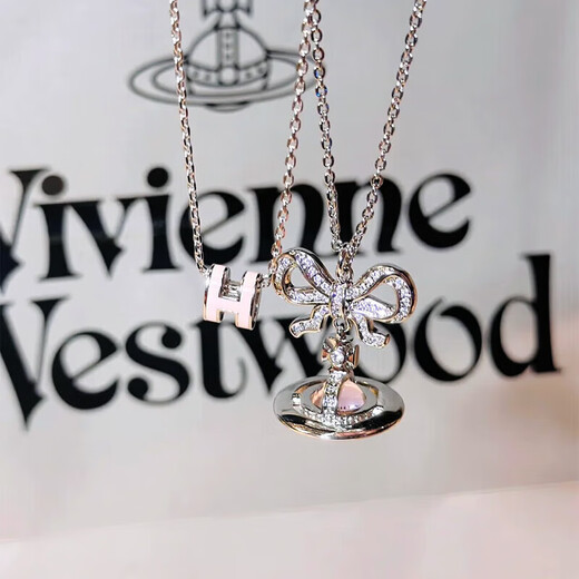 VVIENNE WESTLOCK British Purchasing Agent Western Queen Mother Authentic Saturn Necklace Octavie Diamond Bow Pendant Clavicle Chain Women Silver Pink