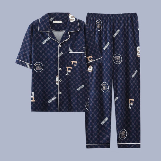 
Heyu men's pajamas men's short-sleeved summer thin cotton teenage pajamas men's plus size spring and summer home clothing set G3881 blue (short-sleeved) 175 L [recommended 100-120 Jin [Jin equals 0.5 kg]]