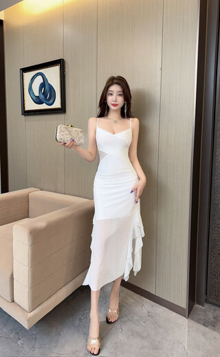 希诺佰迪（xinuobaidi）足疗足浴工作服柔式技师按摩spa长裙性感网纱开叉连衣裙女 9276#白色 M