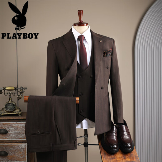 Playboy 2025 Winter Suit Men's Retro Striped High-Quality Double-breasted Suit Three-piece Formal Wedding Dress Retro Three-piece Suit XL 52