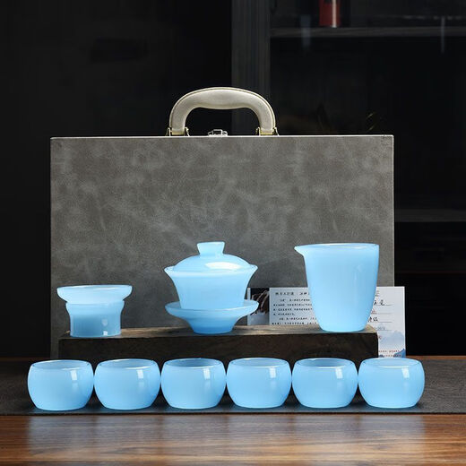 The same style as Fat Donglai imported from Germany, light luxury glazed Kung Fu tea set, office gift, jade porcelain bubble (no black spots), ice type glazed tea set, white jade covered bowl (gift box)