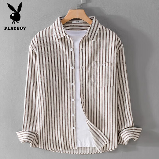 Playboy (PLAYBOY) 2025 Spring and Autumn Pure Cotton Striped Shirt Men's Summer Long-Sleeved Shirt Loose Casual Jacket for Boys 305D Yellow Henry Collar Short I-Sleeve L 120-135Jin Jin is equal to 0.5 kg