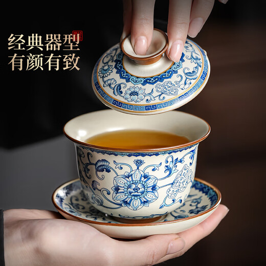Buchuo tea set complete set of Kung Fu tea set for home use in living room tea set high-end blue and white porcelain Ru kiln covered bowl 9 pieces