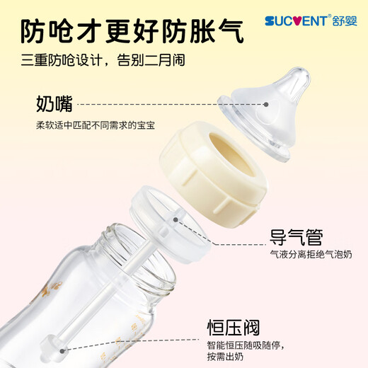 舒婴母乳喂养防呛小白管奶瓶新生儿宝宝玻璃防胀气瓶喂玻璃120ml