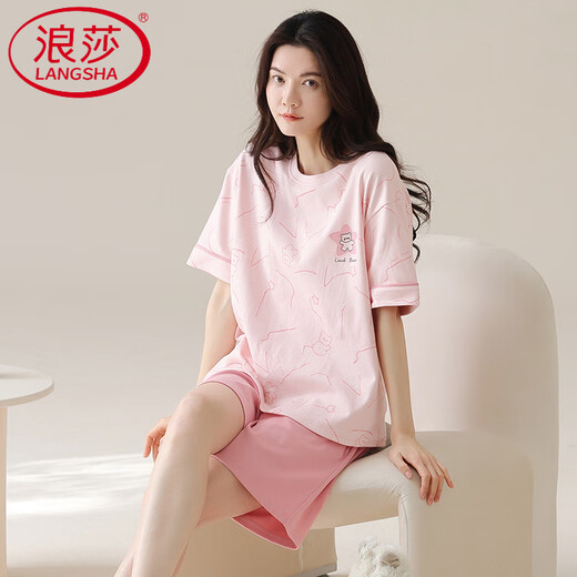浪莎（LangSha）轻奢睡衣女夏季短袖短裤棉圆领薄款甜美粉色家居服套装可外穿 Z9859 M 【80-100斤穿】