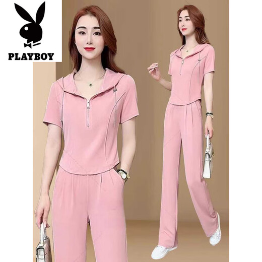 花花公子（PLAYBOY）小香风运动服套装女2025夏季新款时髦感上衣垂感阔腿裤两件套 黑色【上衣+裤子】好质量套装-旗 M 【建议80-95斤】