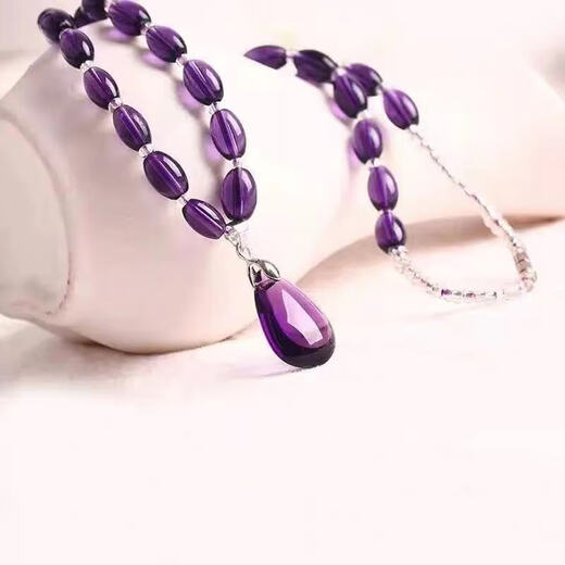 Libiao natural amethyst water drop pendant women's necklace clavicle chain jade pendant fashion transfer gemstone bracelet gift 7A grade pure amethyst necklace (round beads)