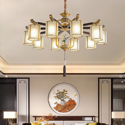 OPP (Opple) 2025 neuer Stil Abwärts alle Kupfer New Chinese Style Wohnzimmer Kronleuchter chinesischer Stil High-End Atmospheric Villa Restaurant Tea Room Hall 9889-10 Kupferköpfe Volles Spektrum Drei-Farben LED LED LED