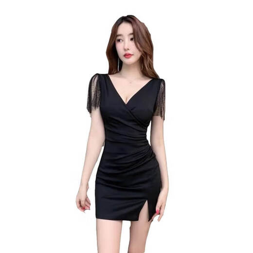 A 21 FUNB连衣裙女深V礼服足疗足浴技师工作服性感包臀上班衣服 3882黑色 S 建议80-95斤