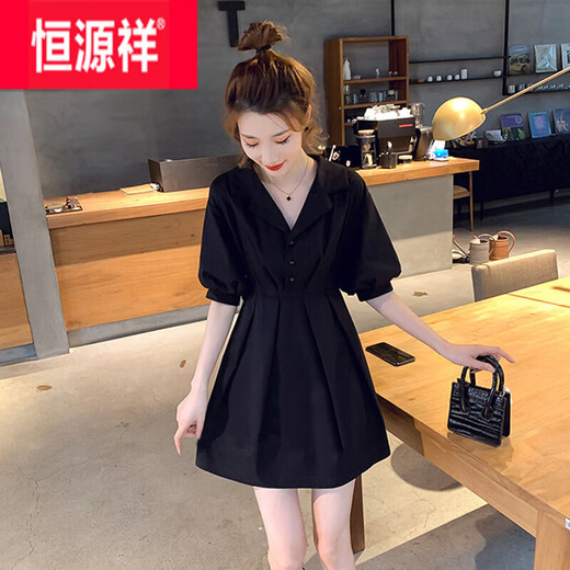 恒源祥小个子收腰显瘦气质冰丝连衣裙女2025新款短裙子女夏季感小黑裙 6622玫瑰碎花 XL 建议120斤左右