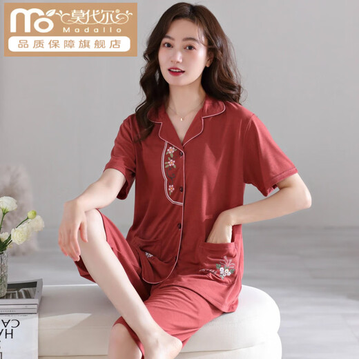 
Modal summer cotton pajamas women's short-sleeved cropped pants large-size cardigan suit summer middle-aged mother home clothes n9871 M (80-100Jin [Jin equals 0.5 kg])