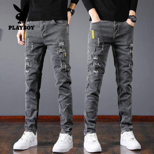 花花公子（PLAYBOY）冰氧吧牛仔裤男士夏季薄款修身小脚高弹力潮牌冰丝男款长裤子.+ 6636黑灰 M 34 身高170-185C 体重150-160