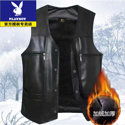 Playboy (PLAYBOY) New Harley Motorcycle Vest Men's First Layer Cowhide Sleeveless Genuine Leather Jacket Sons of Chaos Cycling Leather Vest A-Class Soft Leather Black (Thin) 2XL