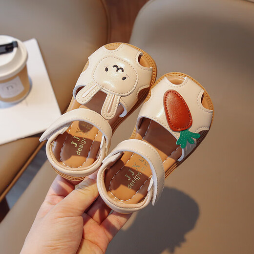 Fat Donglai Girls Baotou Sandals 2024 Summer New Children's Hollow Princess Shoes Female Baby Soft Bottom Rabbit Toddler Shoes Trendy Off-White 23 Sizes/Inner Length 15.0cm