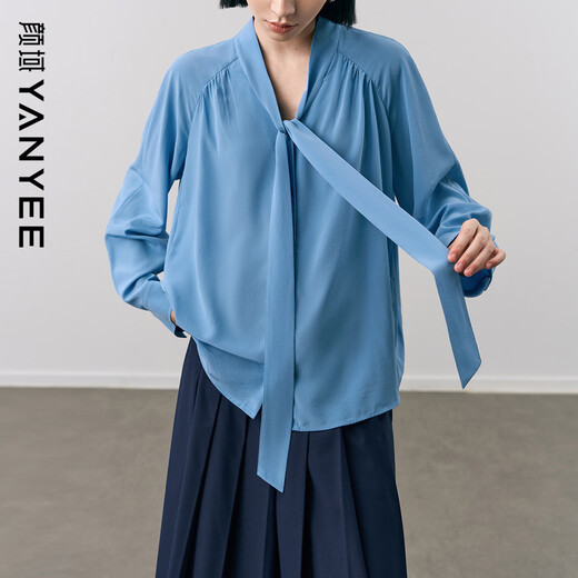 Yanyu silk blue shirt women's tops 2025 autumn mulberry silk versatile V-neck long-sleeved shirt blue M