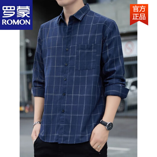 Romon American Plaid Shirt Veste Men 2025 Spring and Automn Style Trendy Men à manches longues Jeunes vêtements polyvalents décontractés K12107 Navy Blue 4xl