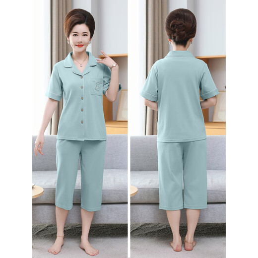 Langsha (langsha) mother cardigan pajamas for women in summer pure cotton short-sleeved cropped pants large size thin style middle-aged and elderly mothers home clothing set 9898# 2XL [Suggested 140-160Jin [Jin equals 0.5 kg]]