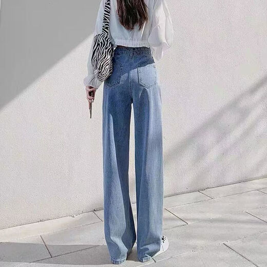 【腰围可调节】美式高腰阔腿牛仔裤女2025夏季宽松直筒休闲长裤子 863浅蓝色 常规 XL 【118-130斤】