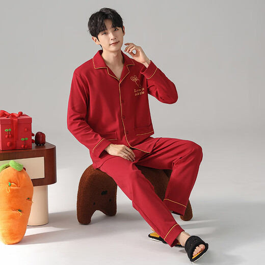 Fenton Kean's new red couple pajamas for women spring and autumn newlyweds pure cotton men's zodiac year home clothes simple suit