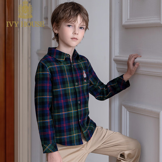 IVY HOUSE children's clothing for boys and older children in spring and autumn new style plaid shirt long-sleeved tops cotton versatile college style base A dark green 120