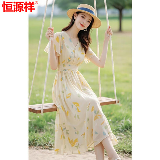 恒源祥冰丝连衣裙子女v领小飞袖高级感法式夏季新款温柔风收腰显瘦长裙 图片色 M 95--105斤