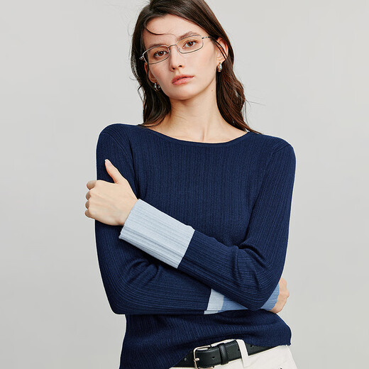 Chuyu Knitwear Women's 2025 Autumn New Contrast Color Splicing Sleeves Slimming Pit Strips Wool Soft Waxy Top Dark Blue L