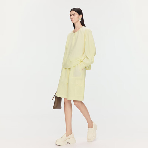 AUM Easy Suit AUM 2025 Autumn New Round Neck Loose Top Straight-leg Medium Pants Shorts Women Beige Top M