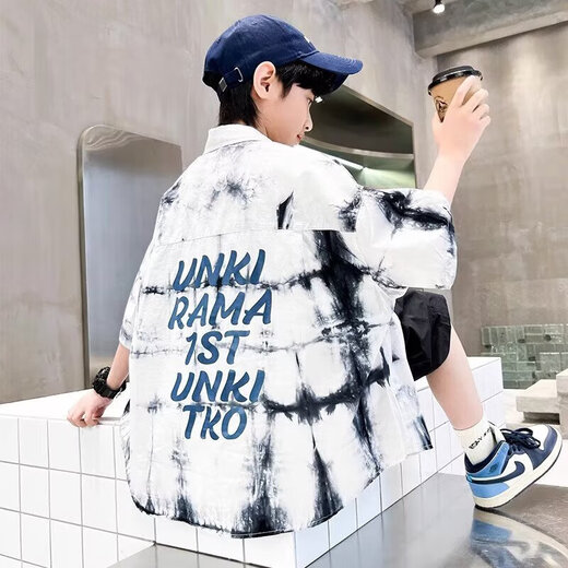 Children's clothing boys' tie-dye shirt short-sleeved 2025 spring and summer new style children's loose shirt medium and large children's versatile top gray 160