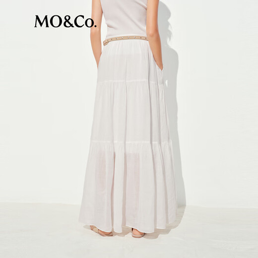 MO/Co. skirt 2025 summer new product light and thin ramie high waist flowing tower skirt long skirt white quiet luxury MBE2SKT009 This white M