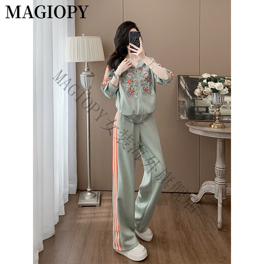 MAGIOPY国际奢侈高档品牌新中式国风休闲运动套装女春季高端洋气刺绣外套 绿色两件套 S(100斤以内)